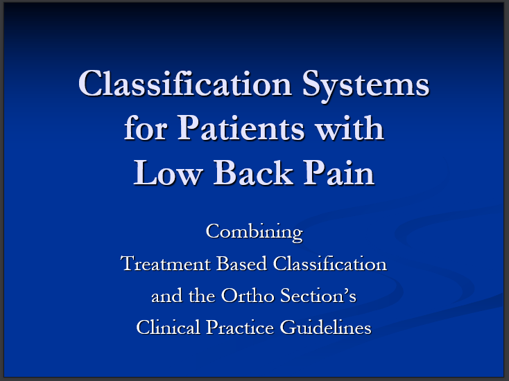 Classification Systems for Patients with Low Back Pain